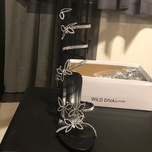 DIVA Lounge Black Rhinestone Floral Strappy Heels